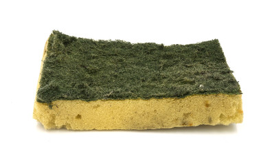 Old kitchen sponge on white background.