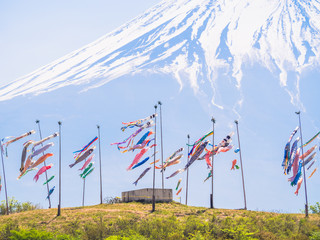 Colorful carp banners and Mount Fuji 
