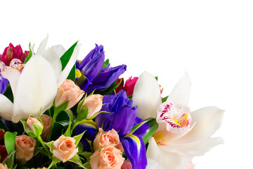 Obraz na płótnie Canvas Basket of flowers orchids and irises