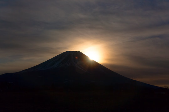 Silhouette of Mount Fuji, mysterious sun rise
