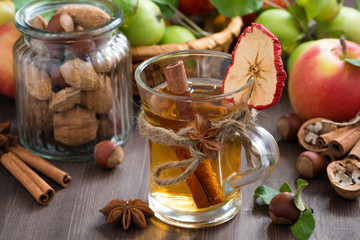 apple cider with spices in glass mug, horizontal