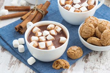 cup of cocoa with marshmallows and almond cookies