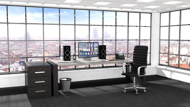 Interior of a modern office with window and cityscape view