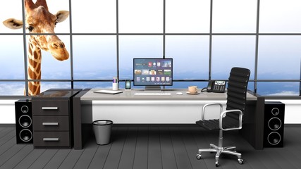 Interior of a modern office with window and funny girafe © viperagp