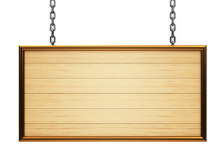 Wooden rectangle signboard on chain