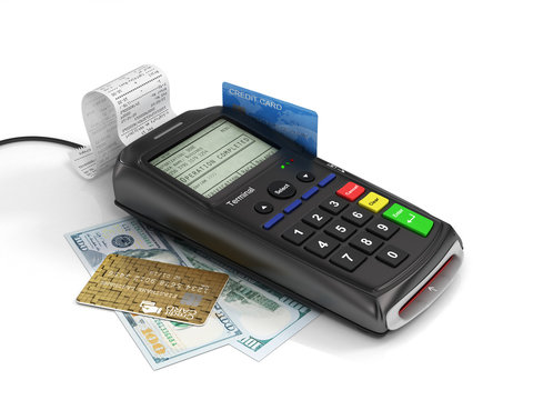 Payment terminal with credit card and money on white background,