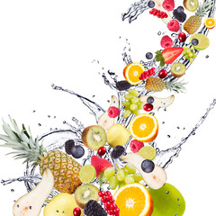 Fresh fruits, falling in water splash, isolated on white 