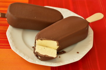 Ice cream in chocolate lying in a plate