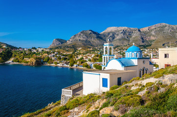 Typical Greek blue dome churches, Kalymnos, Greece