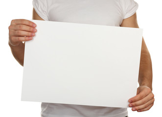 Blank sheet of paper in male hands isolated on white