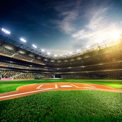 Professional baseball grand arena in sunlight - obrazy, fototapety, plakaty