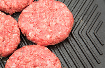 Raw burgers on a metal grriddle