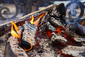 burning billets near the metal fence of the fireplace