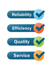 RELIABILITY EFFICIENCY QUALITY SERVICE icons with tick