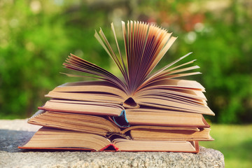 Stack of books outdoors, on blurred background