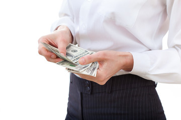 Woman recounts dollars, close up