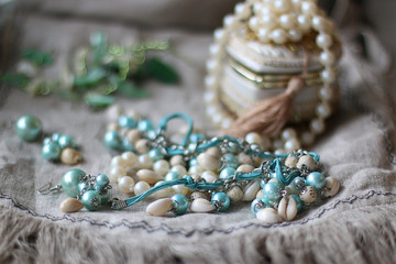 jewelry beads jewelry on linen background