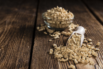 Wooden background with Soy Meat