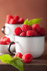 fresh raspberry in enamel cups over wooden background