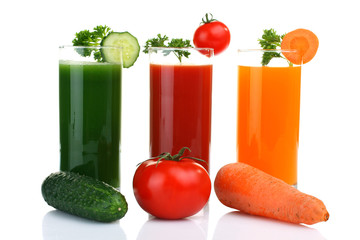Fresh vegetable juices isolated on white