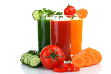 Fresh vegetable juices isolated on white