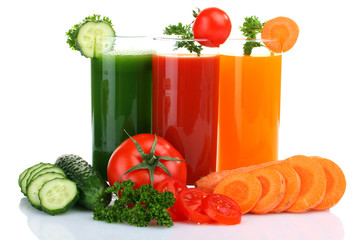 Fresh vegetable juices isolated on white