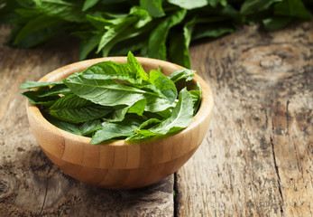 Fresh mint on an old wooden table, selective focus