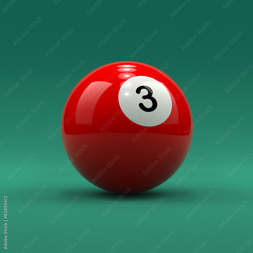 Wall mural Billiard ball number 3 solid red color on green table background