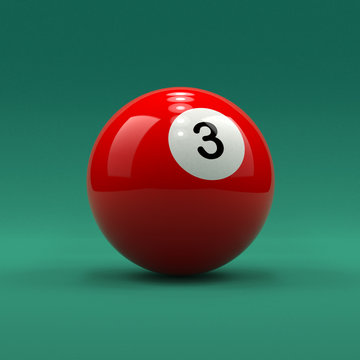 Billiard ball number 3 solid red color on green table background