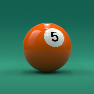 Billiard ball number 5 solid orange color on green table