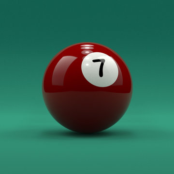 Billiard ball number 7 solid dark red color on green table