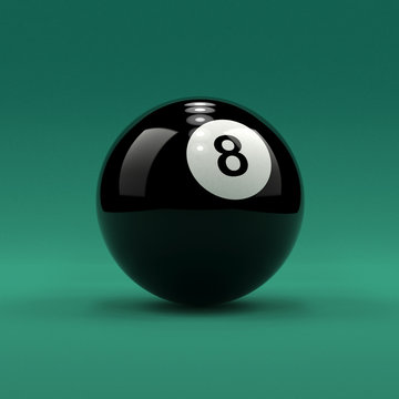 Billiard ball number 8 solid black color on green table