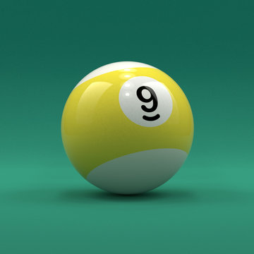 Billiard ball number 9 striped white and yellow color on green