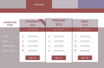 Pricing plans for websites and applications, color marsala