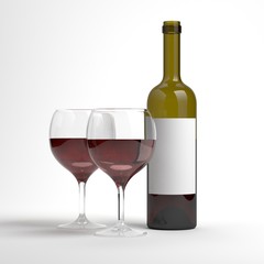 Red wine bottle with 2 wine glasses. Bottle without label