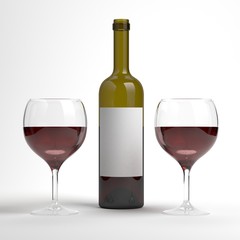 Red wine bottle with 2 wine glasses. Bottle without label