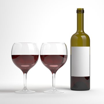 Red wine bottle with 2 wine glasses. Bottle without label