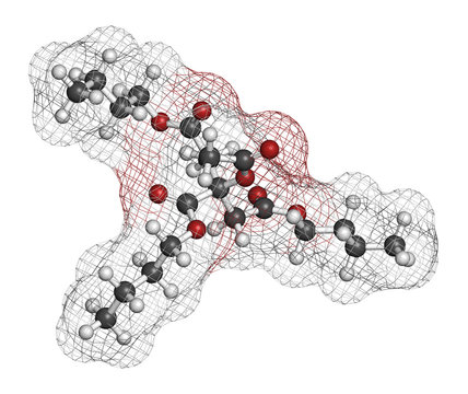 Acetyl tributyl citrate (ATBC) plasticizer molecule. 