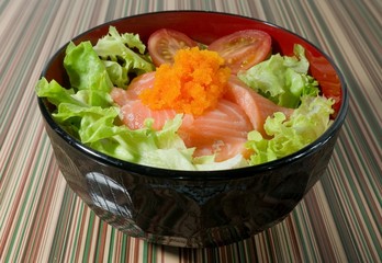 Bowl of Boiled Rice Topping with Salmon and Vegetable