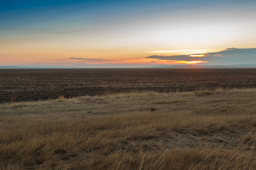 Sunrise in the steppes. Blue sky, yellow grass.