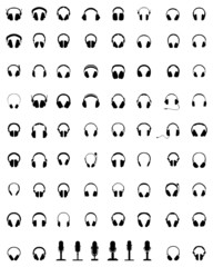 Black silhouettes  of headphones and microphones