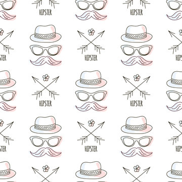 Hipster seamless pattern with mustaches and arrows, hats and gla