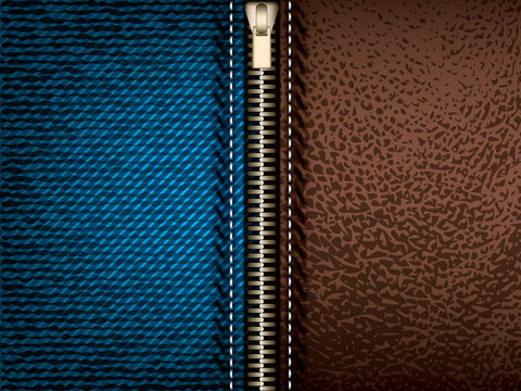Denim jeans and brown leather with zipper