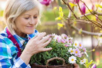 Beautiful senior woman planting flowers in her garden