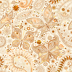 Vintage seamless floral motif background with butterflies.