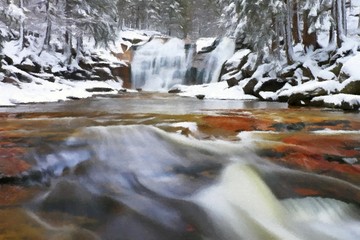 Watercolor paint. Winter view over snowy boulders to waterfall. 