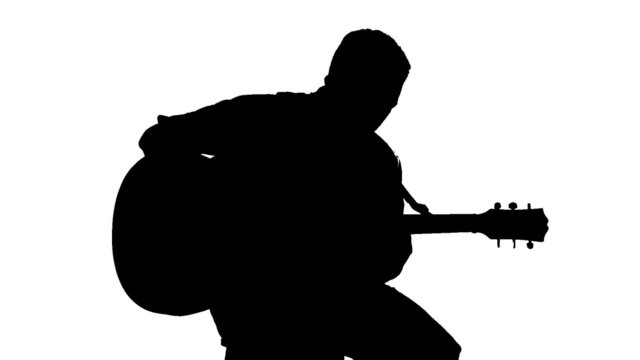 Silhouette of sitting man playing the guitar on a white