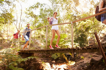 Group Of Friends On Walk Crossing Wooden Bridge In Forest