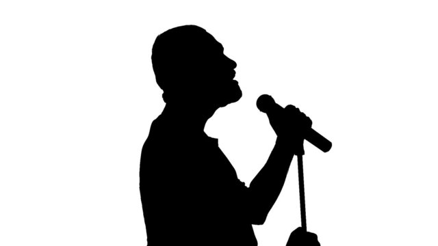 Black silhouette of a singer vigorously singing on a white