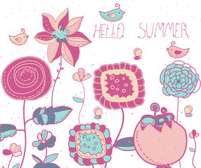  background with  flowers birds and bees lettering Hello summer